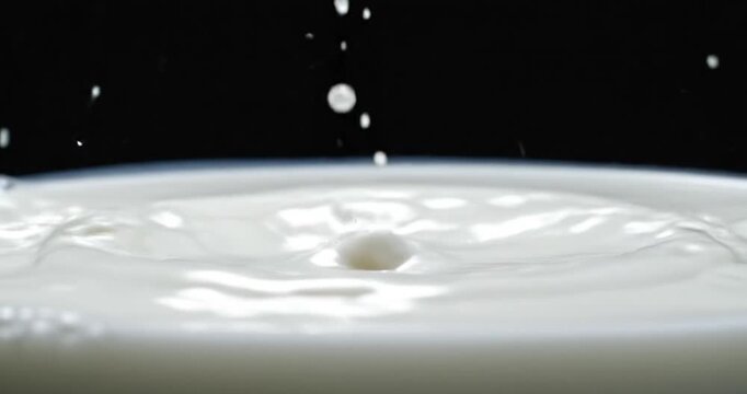 Close-up of a raspberry splashing into milk, creating dynamic droplets against a black background