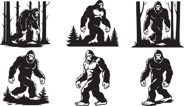 Bigfoot Sasquatch Walking in Forest Various Illustrations Set Black