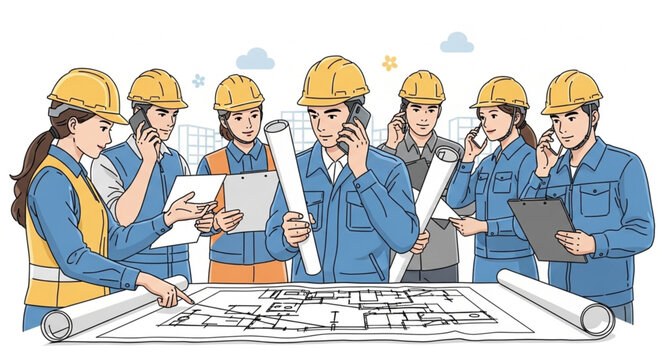 Diverse Team of Architects and Engineers Collaborating on Blueprints.