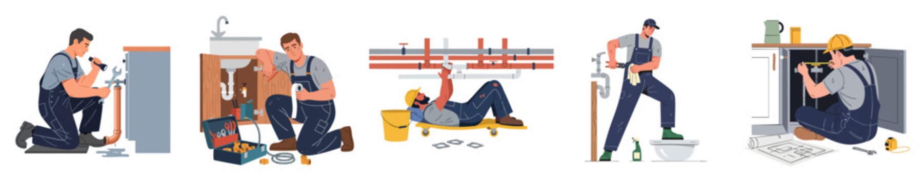 Collection of professional plumbers repairing leaky pipes, installing sinks, and working on plumbing systems in various settings, flat vector character set.