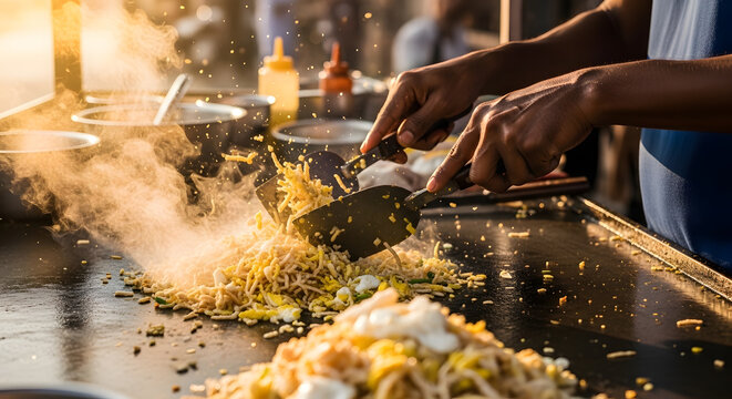 Professional chef hands stir frying yellow noodles on a flat iron griddle with steam and golden sunset lighting