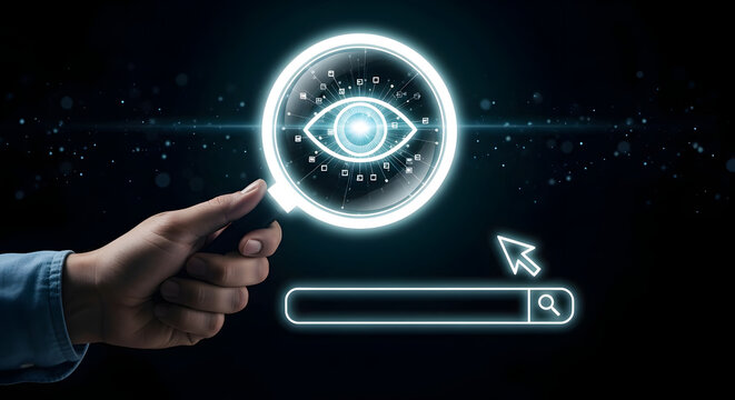 Online search and digital surveillance concept with magnifying glass over search bar and glowing eye