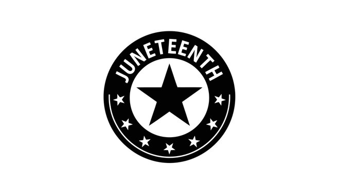Juneteenth logo with a star in the center surrounded by text and stars.