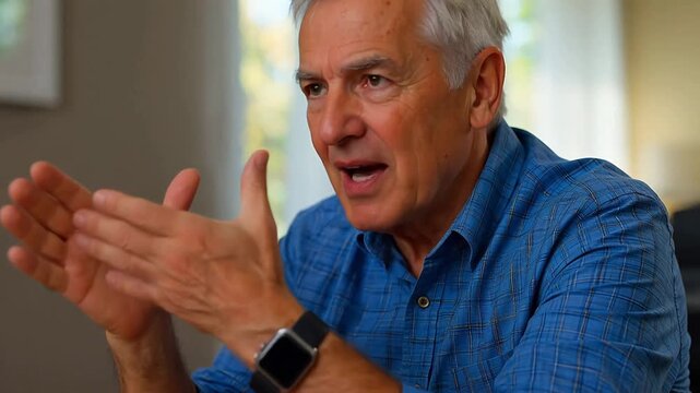 Premium Elderly man in blue shirt gesturing for Contemporary Lifestyle and Visual Storytelling