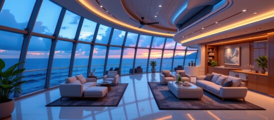 Fototapeta premium Luxurious yacht interior with panoramic ocean views at sunset, featuring modern seating and elegant decor.