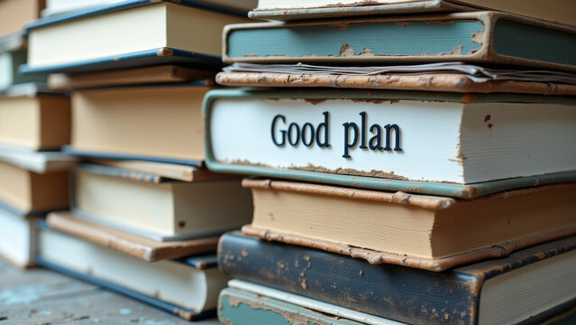 Stack of books labeled good plan representing structured strategy knowledge authority and planned governance within political systems