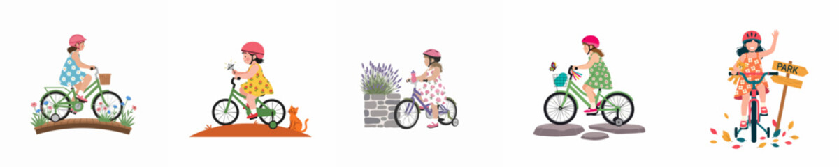 Fototapeta premium Collection of illustrations featuring a young girl wearing a pink helmet and floral dress, riding a bicycle through various scenic outdoor landscapes.