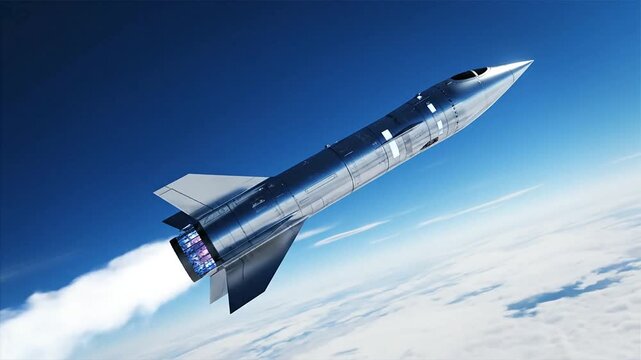 Futuristic Stealth Fighter Jet Ascending Through Clouds with Rocket Boosters.