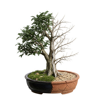 Symbol of contrast: living and dying bonsai tree on transparent background, showcasing life, death, growth, and decay.