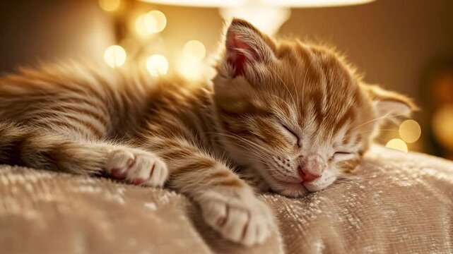 A cozy, close-up shot of an orange tabby kitten peacefully sleeping on a soft, textured blanket with warm bokeh lights in the background, creating a calm and heartwarming atmosphere.
