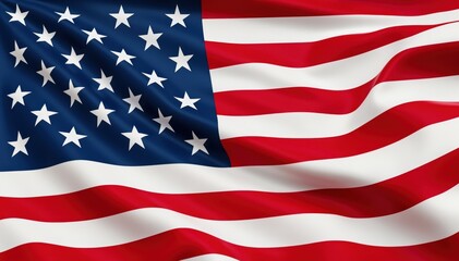Fototapeta premium American Flag Waving: An iconic image of the United States flag billowing gracefully in the wind, symbolizing freedom, patriotism, and the spirit of a nation.