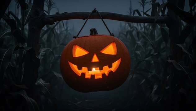 Spooky Pumpkin Lantern: The glowing jack-o'-lantern casts an eerie light, hanging amidst a foreboding cornfield at dusk. Perfect for Halloween.