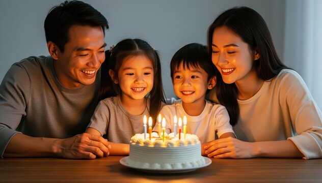 Family Birthday Celebration: A heartwarming scene unfolds as a close-knit family gathers to celebrate a special birthday. The focus is on a delicious cake adorned with lit candles.