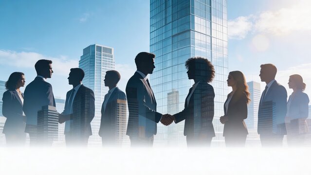 Business team shaking hands in front of modern skyscrapers with double exposure effect corporate partnership diverse professionals meeting urban office background success deal
