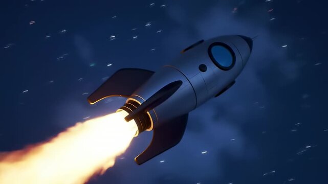 A stylized rocket in space, emitting flames from its engines