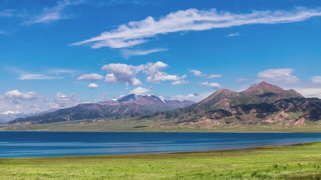 Stunning aerial time-lapse of Sayram Lake in Xinjiang with snow mountains, grassland, river, and highway, showcasing breathtaking natural beauty.