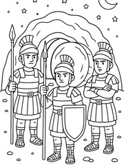 Obraz premium Guardians of the Ancient: Three armored figures stand watch, spear and shield in hand, their stern visages illuminated by the moon and stars.