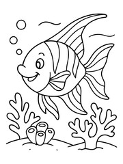 Fototapeta premium Cheerful Marine Life: A charming, outlined illustration of a smiling fish swimming near coral and bubbles, all set in an underwater scene.