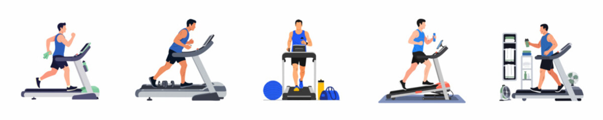 Fototapeta premium Set of diverse men running and walking on treadmills in a gym setting, flat vector illustration isolated on white background.