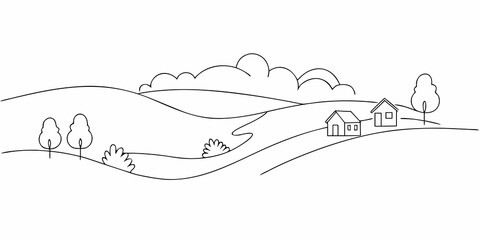 Simple line drawing depicts a rural landscape with houses and trees © Shuvra Majumder