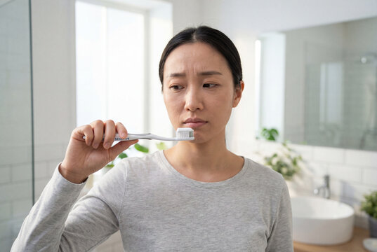 Woman with sensitive teeth feeling pain before brushing in the morning