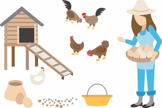 A farmer tending to chickens near a coop and scattered feed