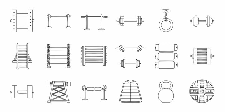 Various gymnastic apparatuses illustrated in a technical drawing style