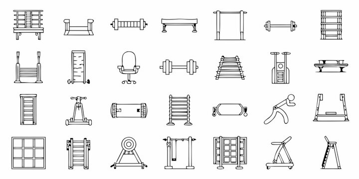 Line drawing of various equestrian show jumping obstacles and equipment