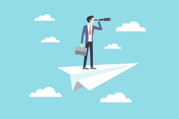 Obraz premium A businessman searches for opportunity while flying on a paper airplane