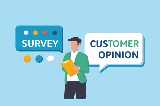 A man presenting a survey and requesting customer opinions with speech bubbles