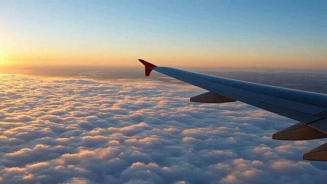 Advanced Airplane wing above clouds at sunset for Digital Transformation and Cyber Infrastructure