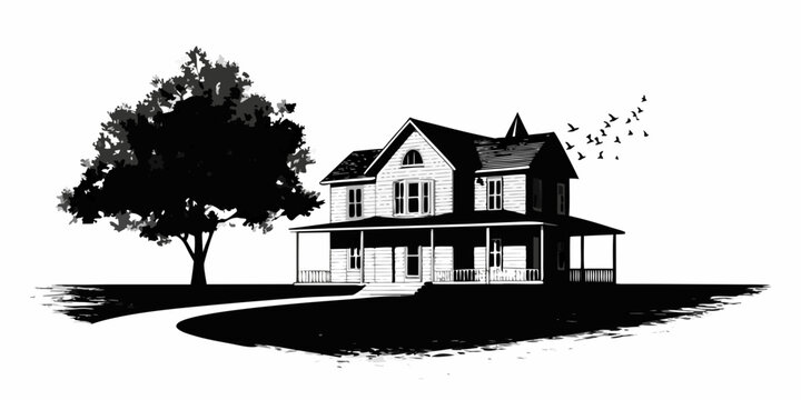 A detailed illustration of a classic victorian house with surrounding nature