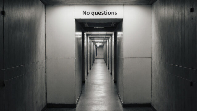 Long corridor with no questions sign representing restricted inquiry controlled transparency and limited accountability within political systems