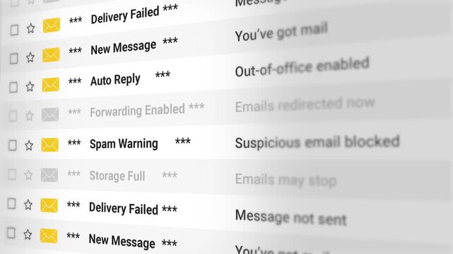 Random Email Scrolling List. Mixed Inbox Messages, Spam, Notifications, Alerts, Promotions, Updates. Random Email Inbox View on White Background. 4K 2D Video Animation