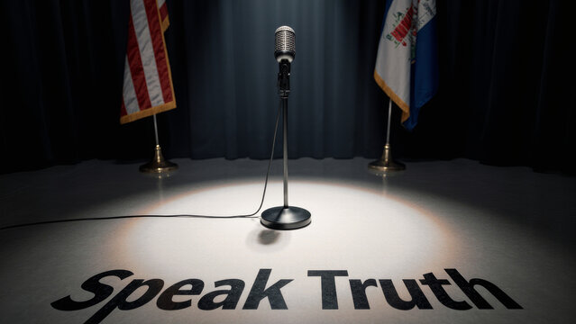 Microphone with speak truth text representing demand for transparency accountability and honest political communication in public discourse
