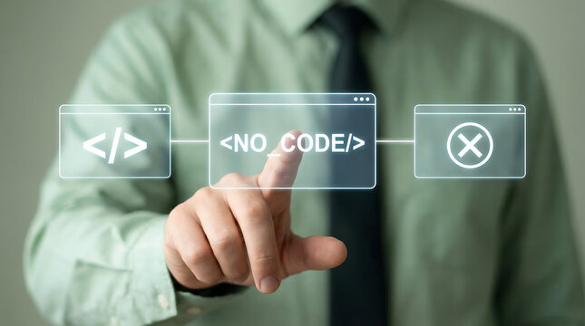 A professional person points to a glowing virtual NO CODE interface representing the future of software development and innovation