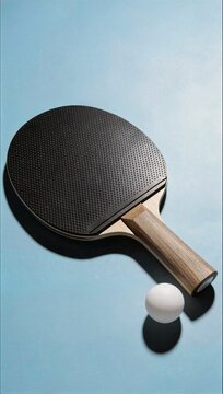A professional table tennis paddle and a white ping pong ball are placed on a clean light blue background with shadows.