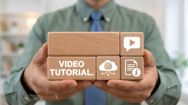 Businessman in a shirt and tie presenting wooden blocks with video tutorial text and technology icons against a blurred office background