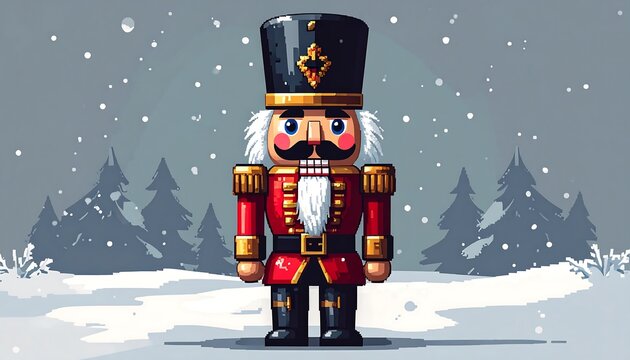 Pixelated illustration of a festive nutcracker soldier with a tall black hat and red coat, standing in the snow