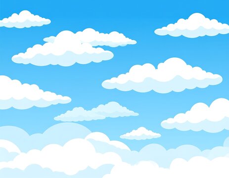A vibrant blue sky adorned with fluffy, cartoon-style white clouds