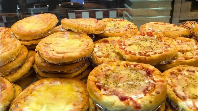 A bakery display case filled with various types of bread  
