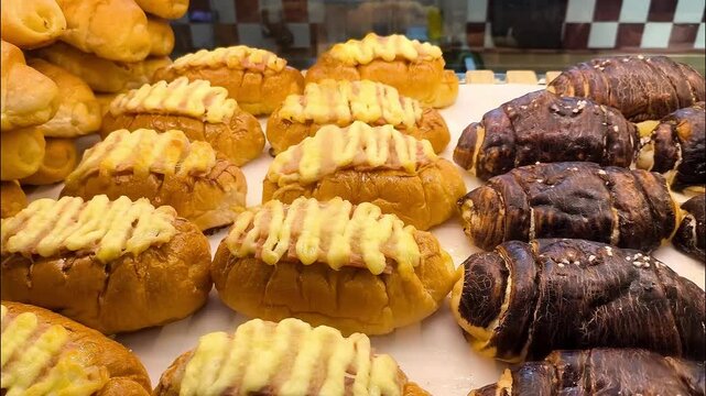 A bakery display case filled with various types of bread  
