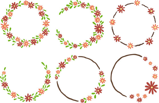 Minimalist hand drawn flower wreath set in earthy red and peach tones for autumn seasonal and romence events.