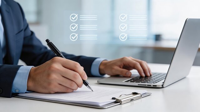 Businessman writing report on clipboard while working on laptop with digital checklist overlay modern office workflow corporate productivity task management professional