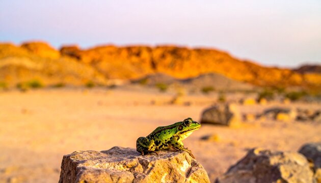 Frog, green, spotted, desert, rock, sitting, amphibian, animal, nature, landscape, sunset, sky, orange, glow, terrain, sandy, hills, mountains, distant, warm, light, contrast, unusual, ecological, sce