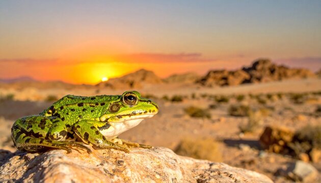 Frog, green, spotted, desert, rock, sitting, amphibian, animal, nature, landscape, sunset, sky, orange, glow, terrain, sandy, hills, mountains, distant, warm, light, contrast, unusual, ecological, sce