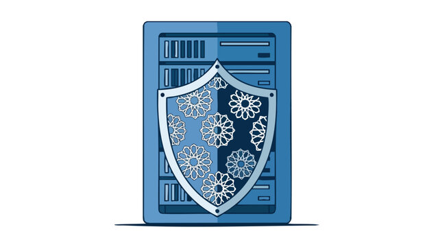 Secure Server Rack with Shield and Gears - Data Protection & IT Security Concept