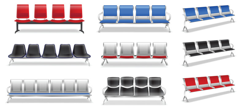 Set of public waiting area bench seats in blue and red colors, isolated on white background. Modern connected plastic chairs with metal frame commonly found in airports, hospitals, stations, terminals
