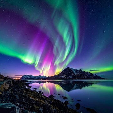 Vibrant aurora borealis display over serene mountain lake