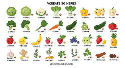 Obraz premium Cute cartoon fruits, vegetables, and herbs with vitamin labels, showcasing a variety of healthy food items.